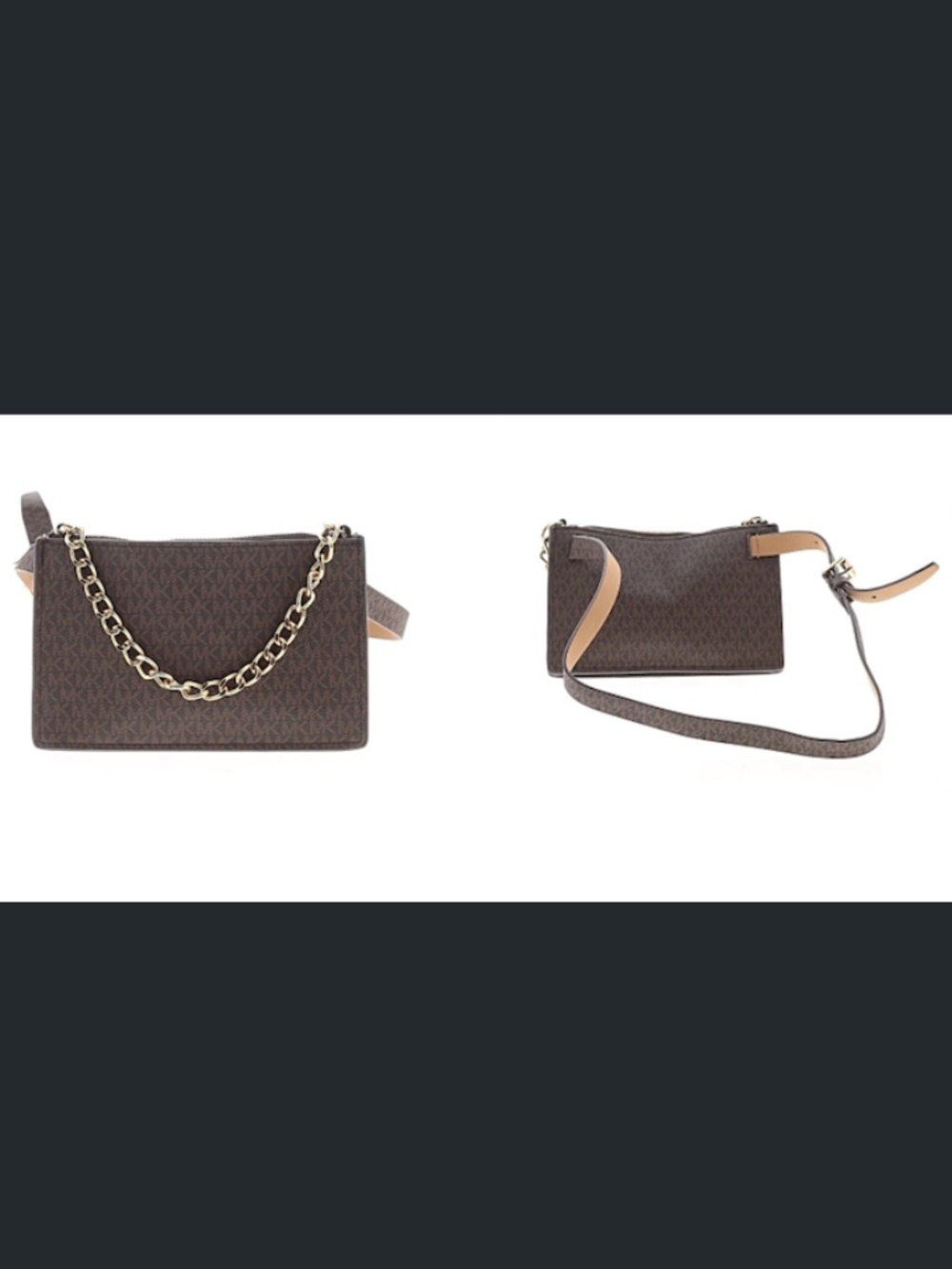 Michael Kors Brown Signature Monogram Chain Belt Bag with Gold Chain LARGE